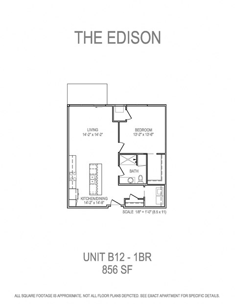 Floor plan for 1 bed, 1 bath, 858 sqft